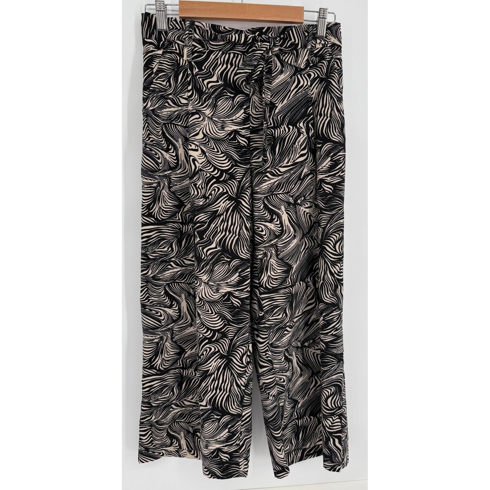 Eliane Rose Womens Sz S Wide Leg Pants Black Cream Abstract Swirl Print Tie Belt